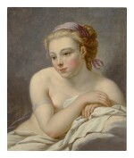 ATTRIBUTED TO HUGUES TARAVAL | PORTRAIT OF A YOUNG WOMAN, HALF LENGTH, NUDE, LEANING ON HER ELBOW