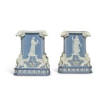 A PAIR OF WEDGWOOD BLUE AND WHITE JASPERWARE PEDESTALS LATE 18TH CENTURY