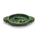 A spinach-green jade high-relief 'mandarin duck' washer Qing dynasty, 18th century | 清十八世紀 碧玉荷塘鴛鴦雙蝠耳洗