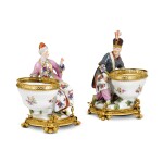 A pair of Louis XV gilt-bronze mounted Meissen porcelain sweetmeat figures, mid-18th century