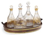A GEORGE III MAHOGANY TRAY AND FOUR GLASS DECANTERS IN TWO SIZES, LATE 18TH/EARLY 19TH CENTURY