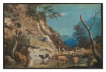 An upland landscape with cattle at a pool, sheep and three peasants below a cliff