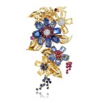 Sapphire, ruby and diamond brooch/earrings, 1940s
