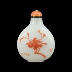 A Yangzhou inscribed pink overlay white glass 'bird and lotus' snuff bottle Qing dynasty, 19th century | 清十九世紀 揚州作白地套紅料花鳥圖鼻煙壺