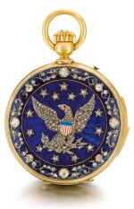 SWISS  [ 瑞士製] |  A GOLD AND ENAMEL HUNTING CASED MINUTE REPEATING KEYLESS LEVER WATCH WITH AMERICAN EAGLE AND CRESCENT STAR MOTIFS  CIRCA 1865, NO. 17738  [ 黃金畫琺瑯三問懷錶飾美國鷹及星月主題圖案，年份約1865，編號17738]