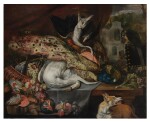 Still life with peacock and swan, other game, fowl, fruit, and vegetables, a parrot, cat, and dog, and a church in the distance