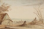 Two figures in a landscape, a village church in the distance