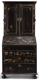  A CHINESE EXPORT LACQUERED BUREAU BOOKCASE, FIRST QUARTER 18TH CENTURY
