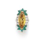 Fancy Brownish Orangy Yellow diamond, emerald and diamond ring