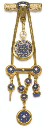 CHARLES OUDIN |  A GOLD, ENAMEL, DIAMOND AND SEED PEARL-SET OPEN-FACED WATCH WITH BAR BROOCH PIN AND CHATELAINE CIRCA 1820