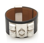 Black leather and palladium bracelet, Collier de chien , Hermès, 2007