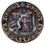 A Limoges grisaille painted enamel circular plate with Cupid and Psyche, Attributed to Pierre Reymond (1513-1584), circa 1570-1575