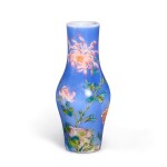 An imperial Beijing enamel glass 'floral' vase, ganlanping Mark and period of Qianlong | 清乾隆 料胎藍地北京畫琺瑯壽菊萱花橄欖瓶 《乾隆年製》款