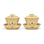 A pair of yellow-ground famille-rose 'longevity' bowls, covers, and dishes, Qing dynasty, Tongzhi period | 清同治 黃地粉彩開光「萬壽無疆」蓋盌連托兩套 《長春同慶》款