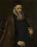 VENETIAN SCHOOL, 1591 | Portrait of a gentleman, three-quarter-length, wearing a black fur-lined cloak and holding a pair of gloves