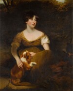Portrait of the Hon. Miss Emma (Crewe) Cunliffe seated with her Cavalier King Charles Spaniel, in a landscape with a kettle with burning embers at right