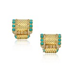 Pair of Gold, Turquoise and Diamond 'Ludo Briquettes' Clip-Brooches