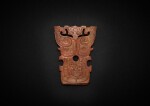 A rare celadon and brown 'dragon and bird' plaque, Mid - late Western Zhou dynasty | 西周中晚期 淺青玉赤沁雙鳳紋龍紋梯形飾