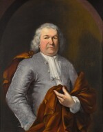 CORNELIS TROOST | Portrait of a gentleman, half-length, wearing a grey satin waistcoat and a red cloak