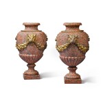 A pair of French gilt-bronze mounted pink granite vases, second half 19th century