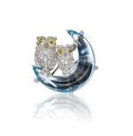 Diamond, blue topaz and yellow sapphire brooch, 'Owls on the moon', Michele della Valle