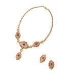 Gold, Ruby, Rock Crystal and Diamond Necklace and Pair of Earclips