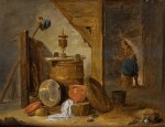 DAVID TENIERS THE YOUNGER |  A BARN INTERIOR WITH A STILL LIFE OF KITCHEN UTENSILS, A DOG, AND FIGURES BY A FIREPLACE BEYOND