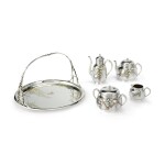 A FRENCH SILVER AND MIXED METAL FOUR-PIECE TEA SET WITH MATCHING TRAY, CHRISTOFLE & CIE, PARIS, CIRCA 1880