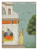 An illustration to a Rasikapriya series: Krishna receives a message from Radha, attributable to Nuruddin and his circle, India, Rajasthan, Bikaner, circa 1690-1700