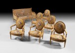 A set of Louis XVI giltwood seat furniture including a sofa and six armchairs, stamped I. B. SENE Regilt | Mobilier de salon en bois redoré dépoque Louis XVI, estampillé I. B. SENE