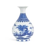 A blue and white vase, yuhuchunping, Seal mark and period of Qianlong  清乾隆 青花竹石芭蕉紋玉壺春瓶  《大清乾隆年製》款
