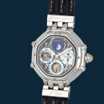 Retailed by Graff: Reference G.3359.4 |  A platinum, lapis lazuli and mother-of-pearl skeletonized perpetual calendar wristwatch with moon phases and leap year indication | Circa 1995 