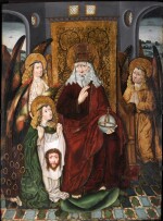 ALONSO DE SEDANO | God the Father Enthroned, surrounded by three angels, one holding the veil of Veronica