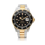 ROLEX | REFERENCE 16803 SUBMARINER  RETAILED BY TIFFANY & CO.: A STAINLESS STEEL AND YELLOW GOLD AUTOMATIC CENTER SECONDS WRISTWATCH WITH DATE AND BRACELET, CIRCA 1986