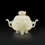 A white jade archaistic 'taotie' incense burner and cover, Qing dynasty, Qianlong period |  清乾隆 白玉饕餮紋朝冠耳三足蓋爐