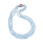 Aquamarine, ruby and diamond necklace