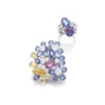 Coloured sapphire, sapphire and diamond brooch and a ring