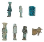 FIVE EGYPTIAN BLUE-GLAZED AMULETIC FIGURES, 26TH DYNASTY, CIRCA 664-525 B.C.