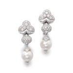 Pair of cultured pearls and diamond ear clips