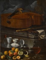 CRISTOFORO MUNARI  |  STILL LIFE WITH PORCELAIN CUPS AND A FAÇON DE VENISE GLASS ON A SALVER, WITH A GLASS WINE EWER, PEELED LEMON AND APRICOTS, BEFORE A PLINTH WITH A VIOLONCELLO, RECORDER, AND MUSICAL SCORES