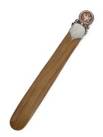 A Fabergé silver and guilloché enamel mounted wood paper knife, workmaster Anders (Antti) Nevalainen, St Petersburg, circa 1890