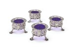 A SET OF FOUR GEORGE II SILVER CHINOISERIE SALTS, THOMAS HEMING, LONDON, 1754