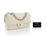 CHANEL | IVORY TWEED AND LEATHER WITH SILVER-TONE METAL CLASSIC FLAP BAG 