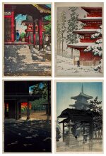 Kawase Hasui (1883-1957) | Four woodblock prints depicting temples | Showa period, 20th century