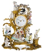 A LOUIS XV GILT-BRONZE AND PORCELAIN MOUNTED MANTEL CLOCK, CIRCA 1745 AND LATER