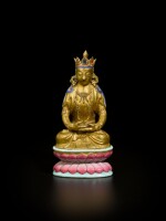 A gold and famille-rose enameled figure of Amitayus Qing dynasty, 19th century | 清十九世紀 粉彩描金無量壽佛坐像