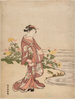 Suzuki Harunobu (1725-1770) | Young woman by a river bank | Edo period, 18th century 