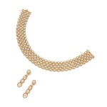 Gold and Cultured Pearl Choker-Necklace and Pair of Earclips