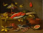 Still life of lobster on a Wanli dish beside a tazza of grapes, fish, fruit, and vegetables