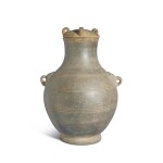 A rare gray pottery handled jar and cover, Eastern Zhou dynasty | 東周 灰陶鋪首耳蓋壺